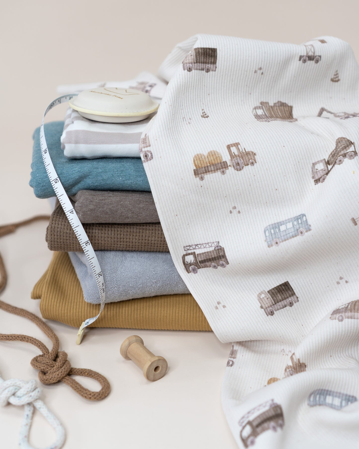 Baustelle mit Baufahrzeugen beige - Rib Jersey