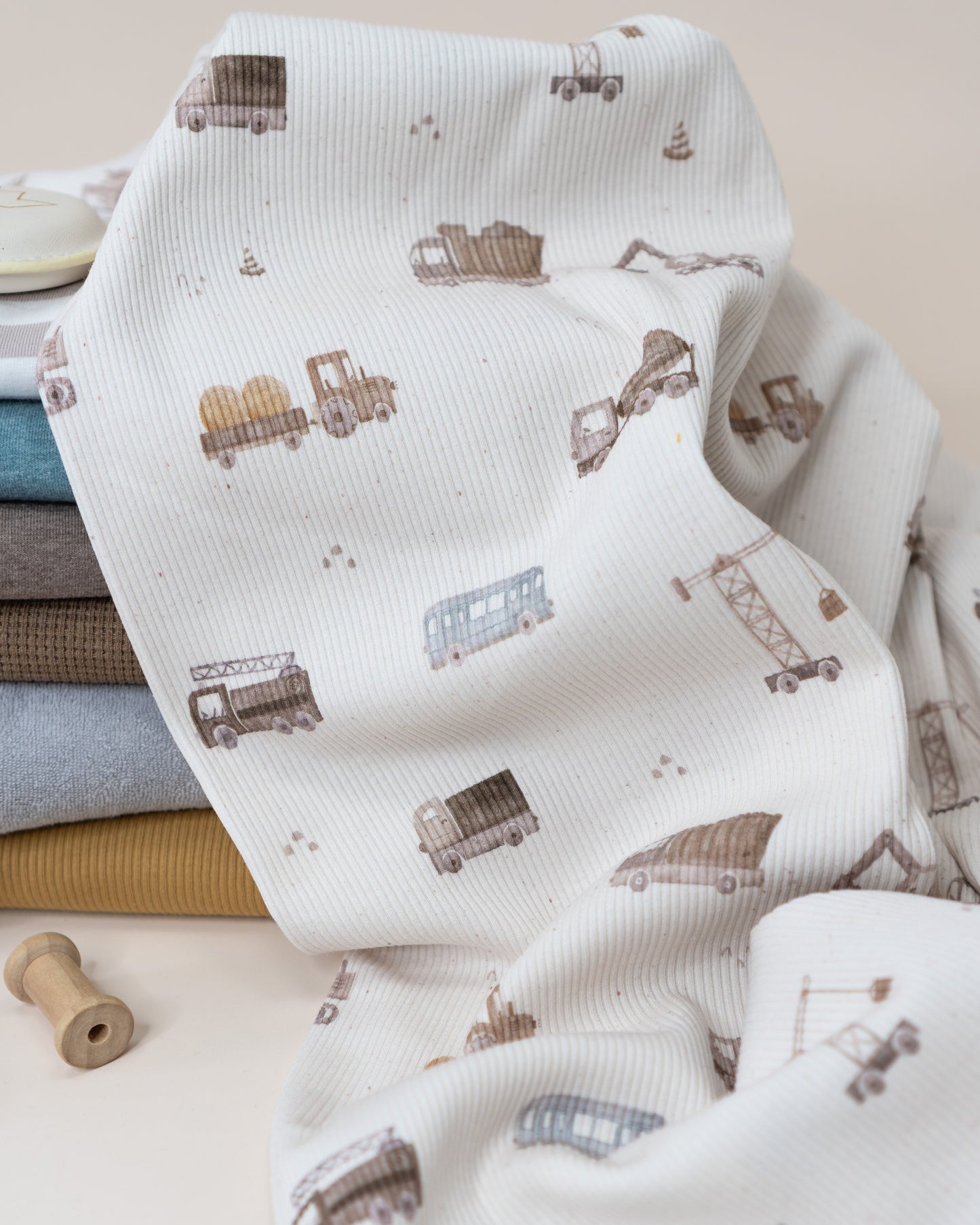 Baustelle mit Baufahrzeugen beige - Rib Jersey