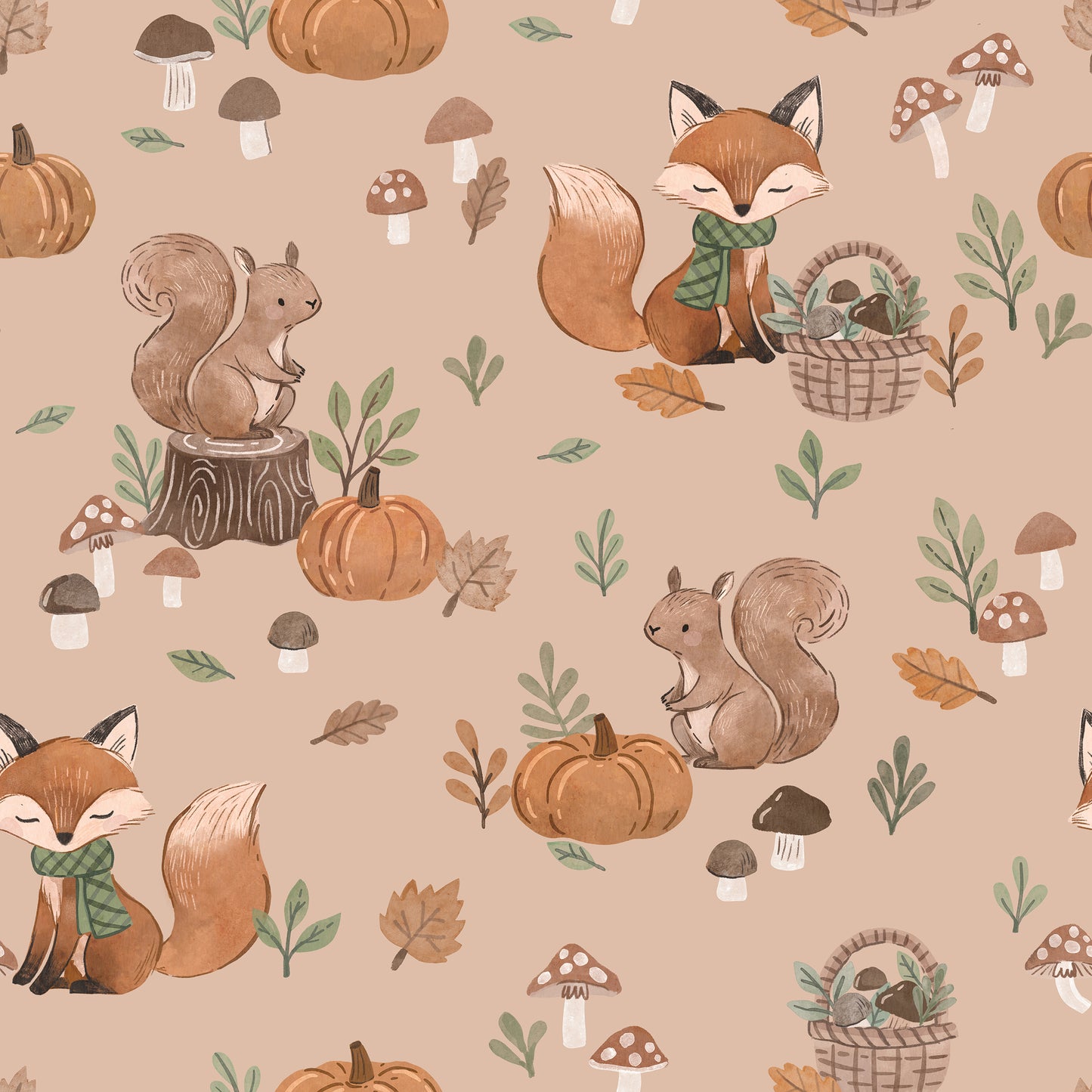 Fuchs & Eichhörnchen mit Kürbissen - French Terry