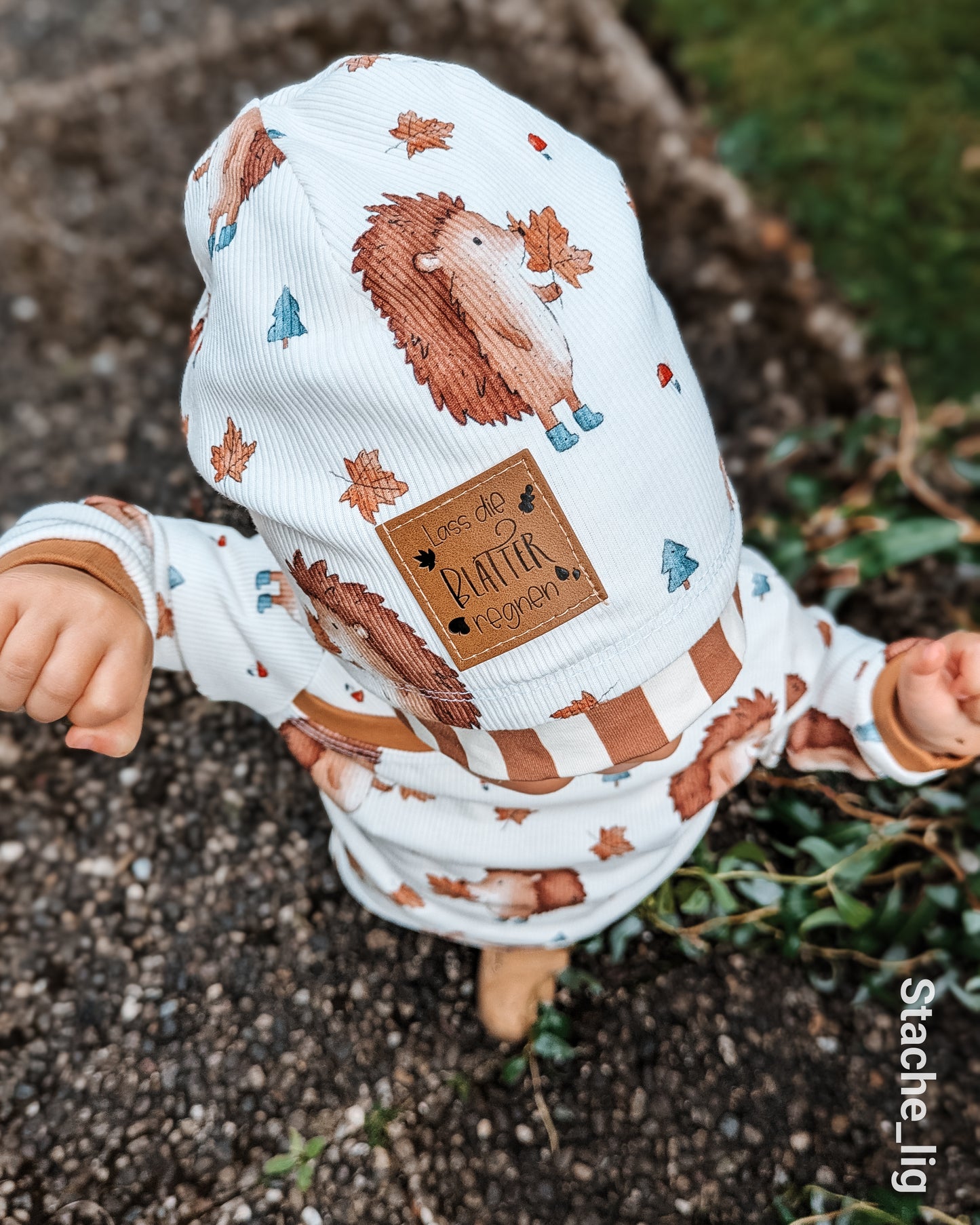 Igel mit Blättern cream - Rib Jersey