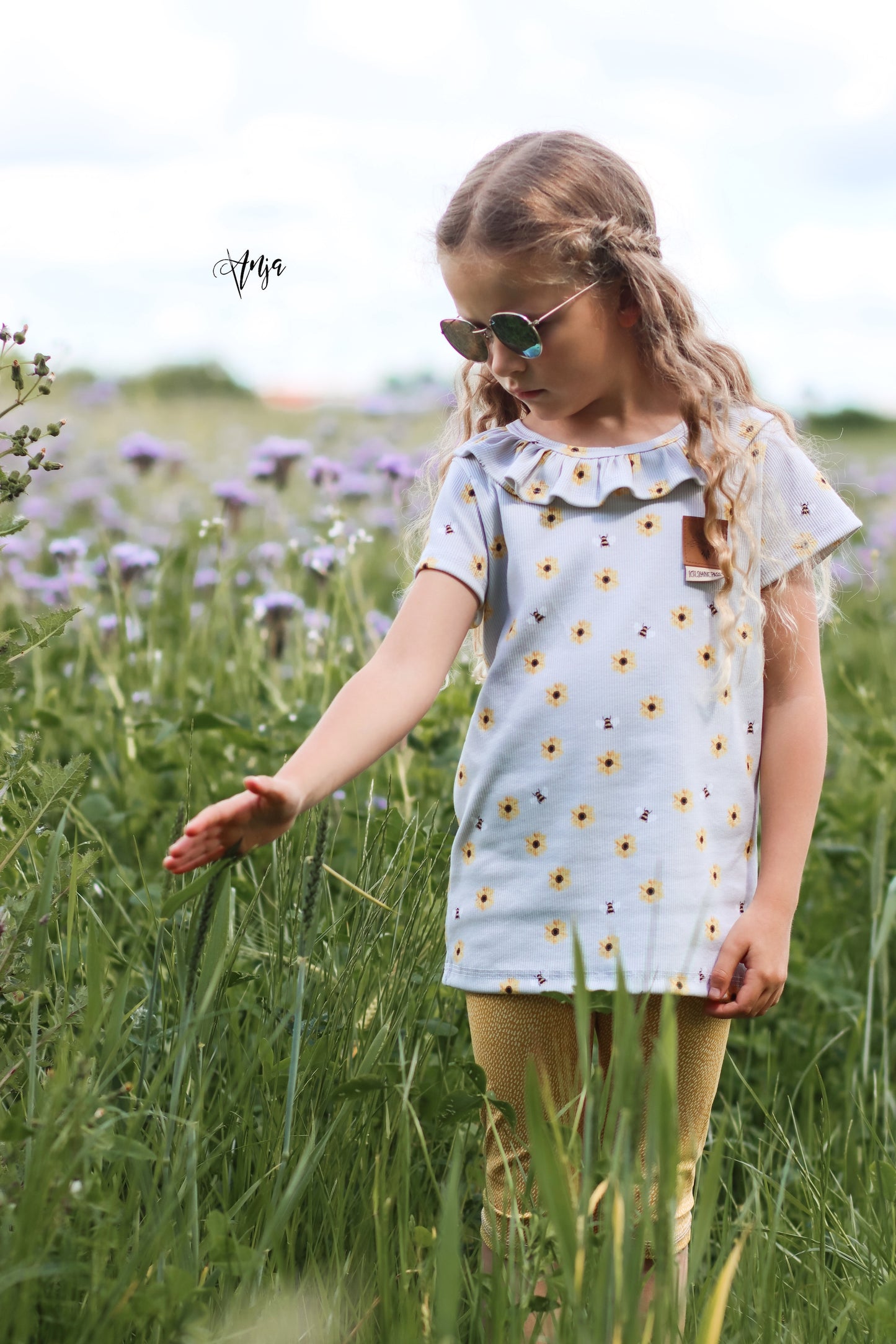 REST ca. 1,2m Sonnenblumen & Biene - Rib Jersey