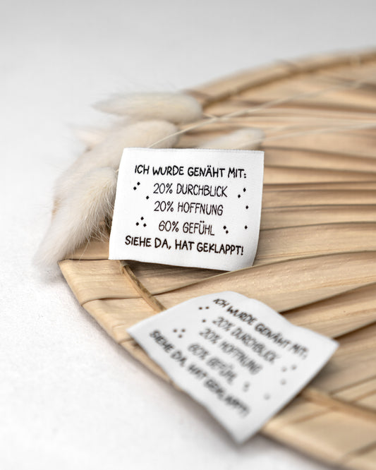 Ich wurde genäht mit: 20% Durchblick ... - Web Label - 4x5cm