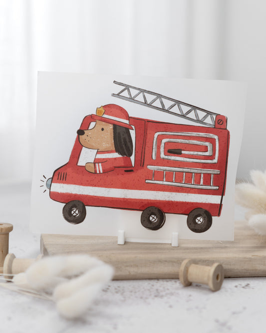 Dackel im Feuerwehrauto - Bügelbild
