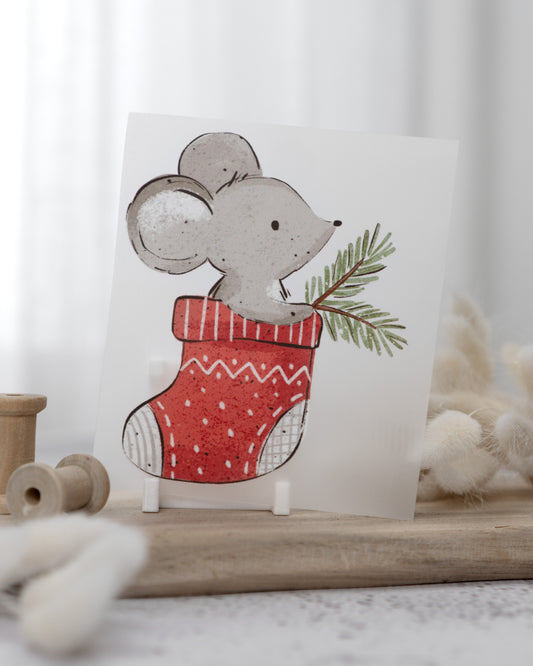 Maus im Weihnachtsstrumpf - Bügelbild