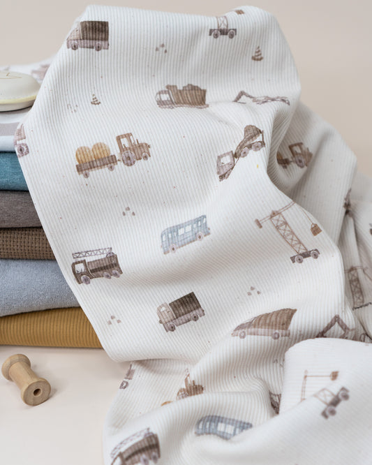 Baustelle mit Baufahrzeugen beige - Rib Jersey