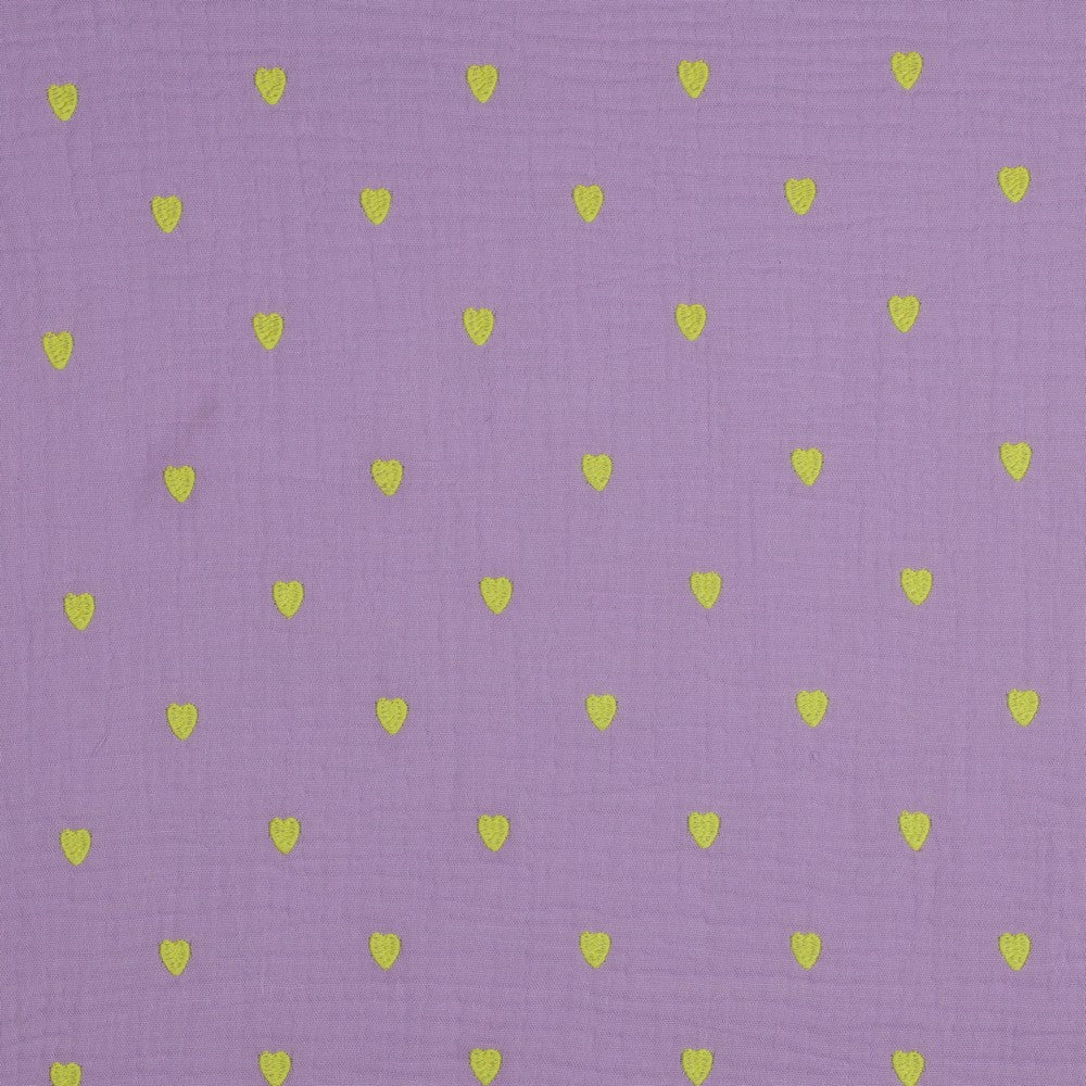 Musselin lila mit neon Herzen gelb