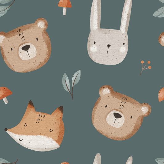 Wald Tiere grün mit Fuchs, Bär & Hase - French Terry